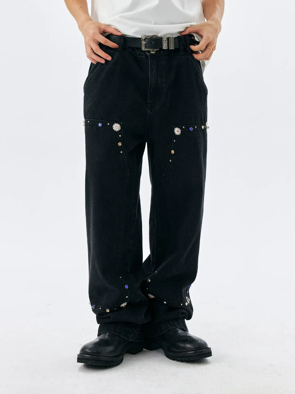 MEDM Gemstone Studded Double Knee Washed Jeans