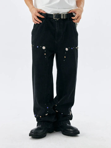 MEDM Gemstone Studded Double Knee Washed Jeans
