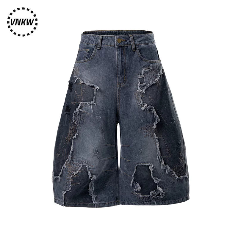American heavyweight deconstruction tie dye embroidered denim cropped pants, men's and women's loose wide leg versatile unisex style curved knife shorts