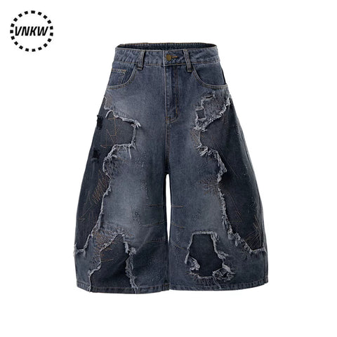 American heavyweight deconstruction tie dye embroidered denim cropped pants, men's and women's loose wide leg versatile unisex style curved knife shorts