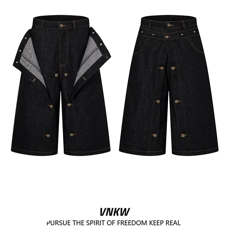 American retro double waisted original cowhide multi button denim cropped pants, men's and women's loose wide leg versatile workwear shorts