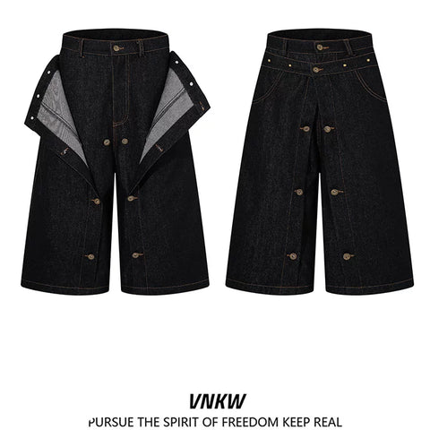 American retro double waisted original cowhide multi button denim cropped pants, men's and women's loose wide leg versatile workwear shorts