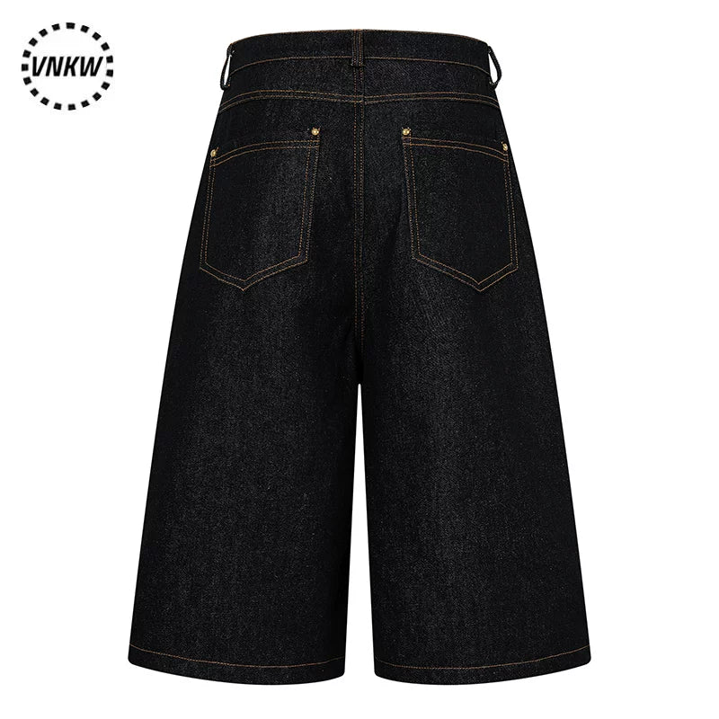 American retro double waisted original cowhide multi button denim cropped pants, men's and women's loose wide leg versatile workwear shorts