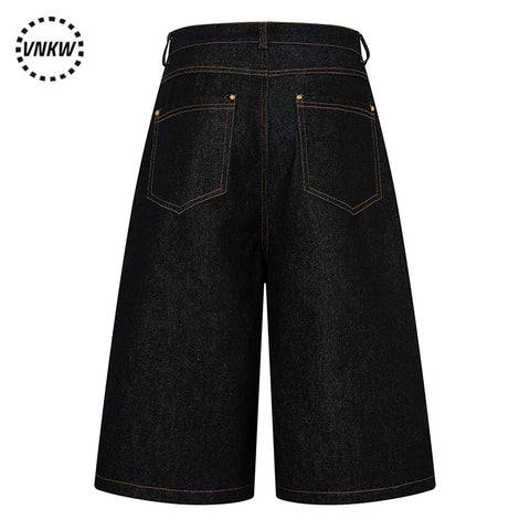 American retro double waisted original cowhide multi button denim cropped pants, men's and women's loose wide leg versatile workwear shorts