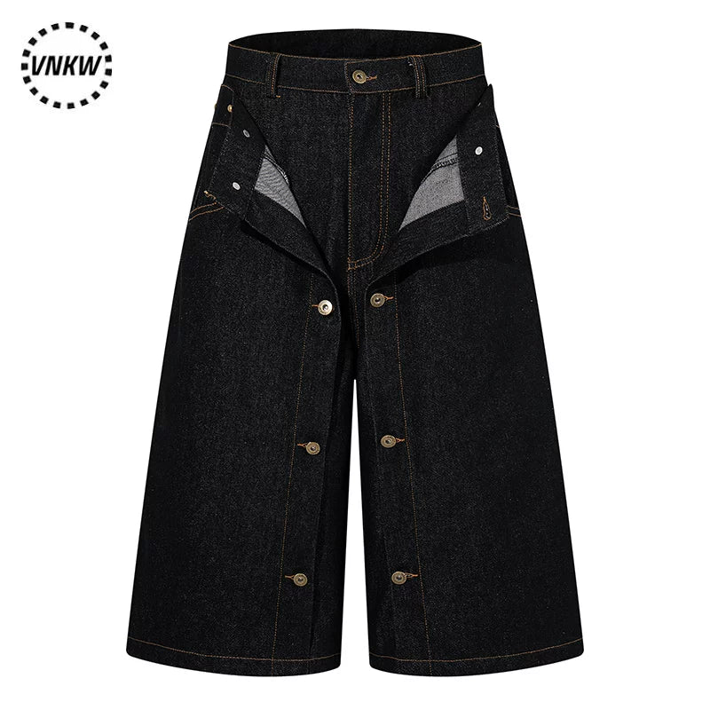 American retro double waisted original cowhide multi button denim cropped pants, men's and women's loose wide leg versatile workwear shorts