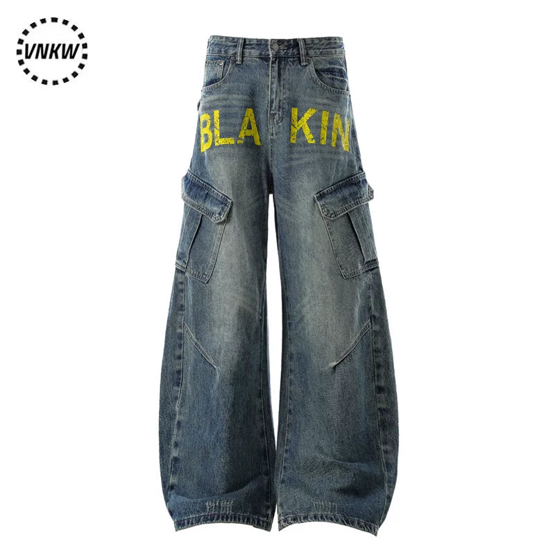 China-Chic American retro vintage wash wide leg jeans male baggy scimitar lovers casual micro la overalls
