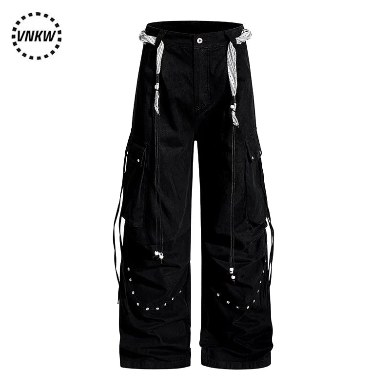 American functional style pleated rivet multi pocket wide leg work pants, loose straight leg hanging chain decoration, cool casual pants