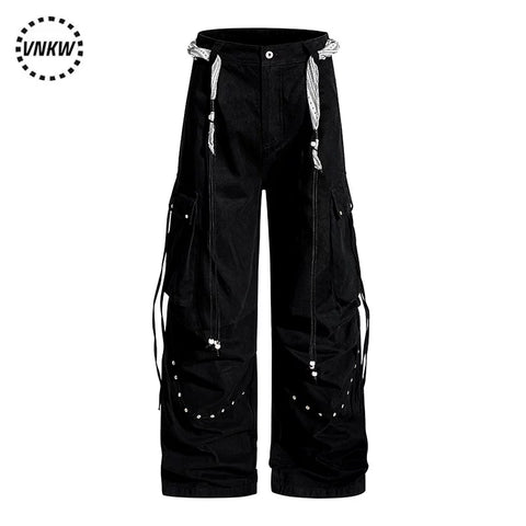 American functional style pleated rivet multi pocket wide leg work pants, loose straight leg hanging chain decoration, cool casual pants