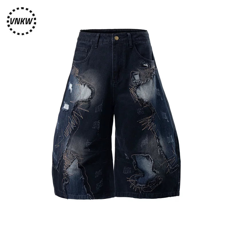 American heavyweight deconstruction tie dye embroidered denim cropped pants, men's and women's loose wide leg versatile unisex style curved knife shorts