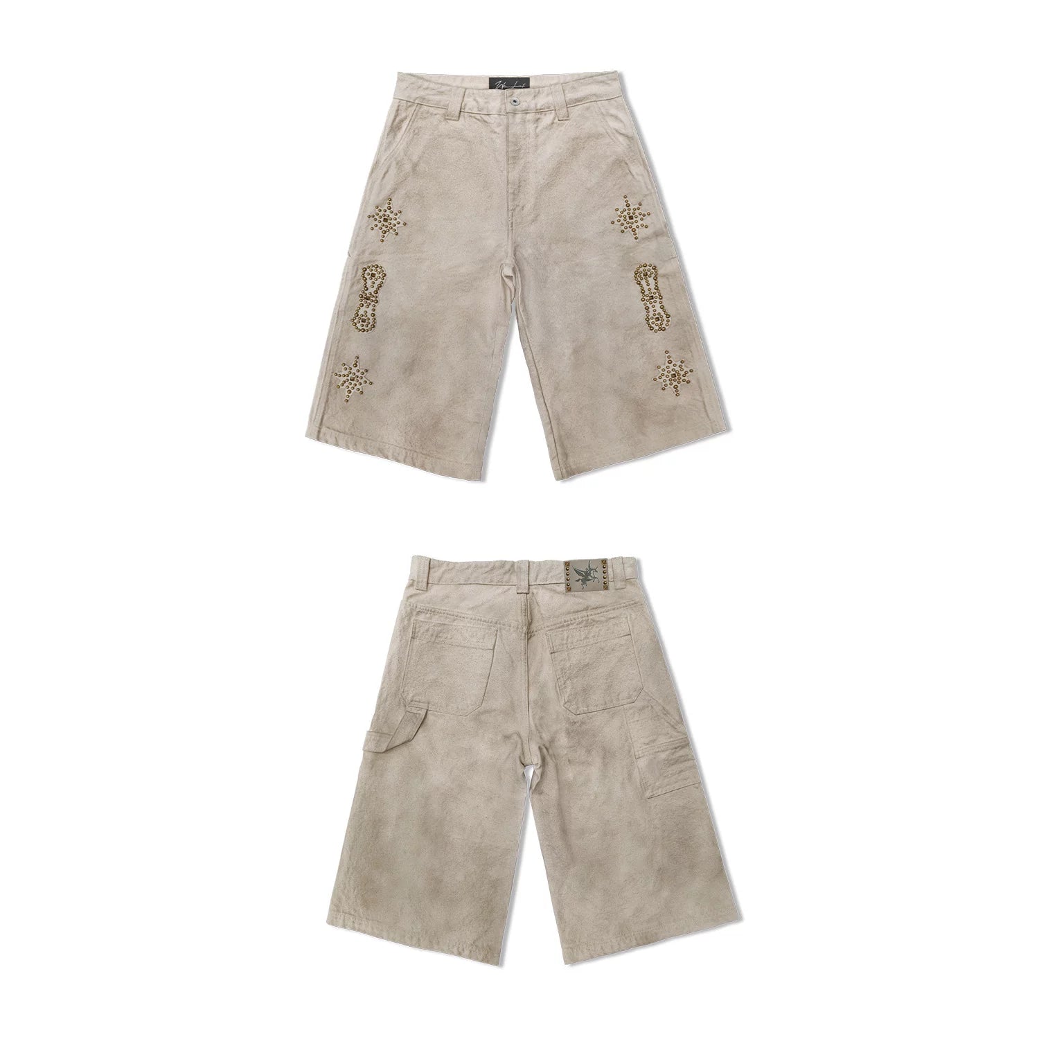 WANNA LAB 26SS genuine leather adhesive cloth, brass rivets, flower wiping, dirty embryo cloth, color bead sail workwear, six or seven minute shorts