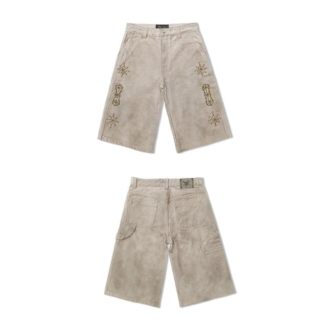 WANNA LAB 26SS genuine leather adhesive cloth, brass rivets, flower wiping, dirty embryo cloth, color bead sail workwear, six or seven minute shorts