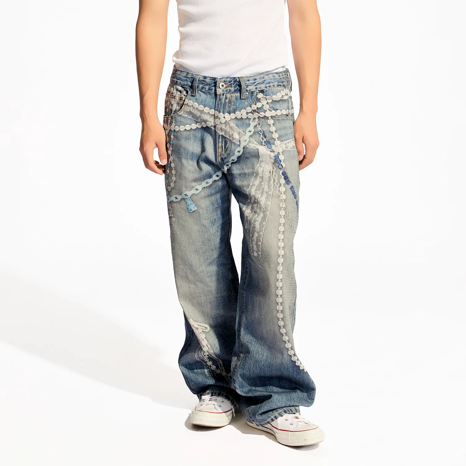 WHOOSIS (unknown name) lace bead chain printed denim pants casual straight tube loose men's and women's trend