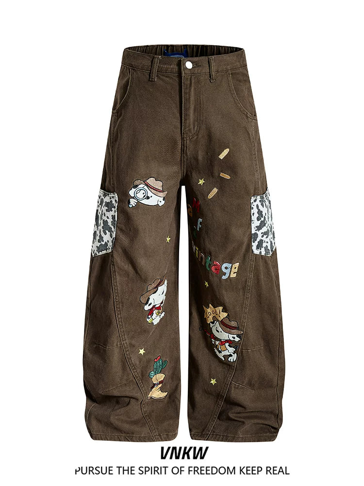 Melad Brown Cartoon Pattern Embroidered Wide Leg Jeans for Men and Women, Loose and Versatile Straight Tube Casual Drop pants