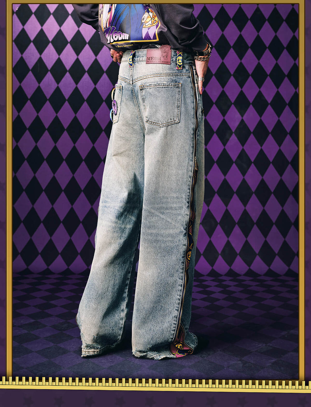 MEDM × JOJO Side Zipper Contrast Checkered Washed Jeans