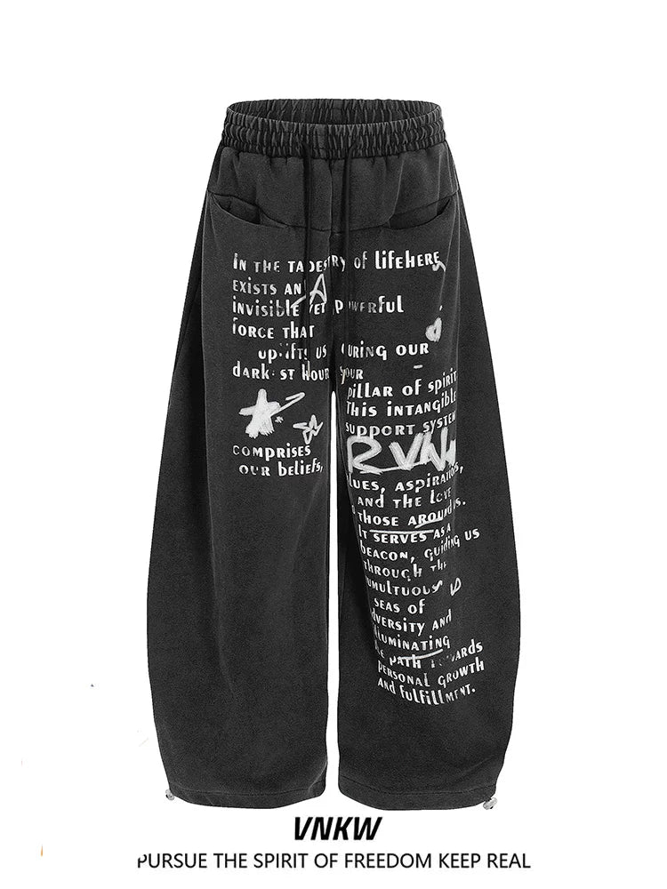 American street retro letter printed wide leg pants for men and women, heavy weight, loose drawstring, curved knife, sports and casual sweatpants, trendy
