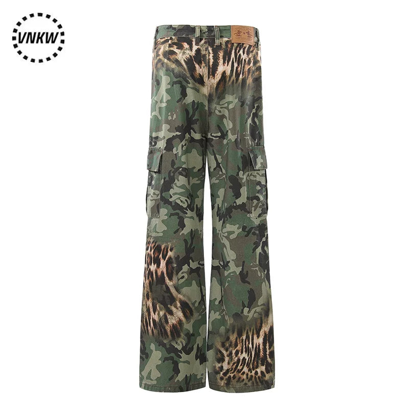 American retro leopard print patchwork camouflage straight leg work pants for men and women, loose and wide leg versatile, slimming and high-end pants