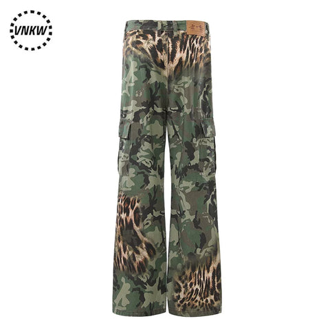 American retro leopard print patchwork camouflage straight leg work pants for men and women, loose and wide leg versatile, slimming and high-end pants