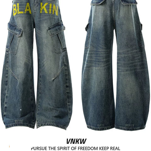China-Chic American retro vintage wash wide leg jeans male baggy scimitar lovers casual micro la overalls