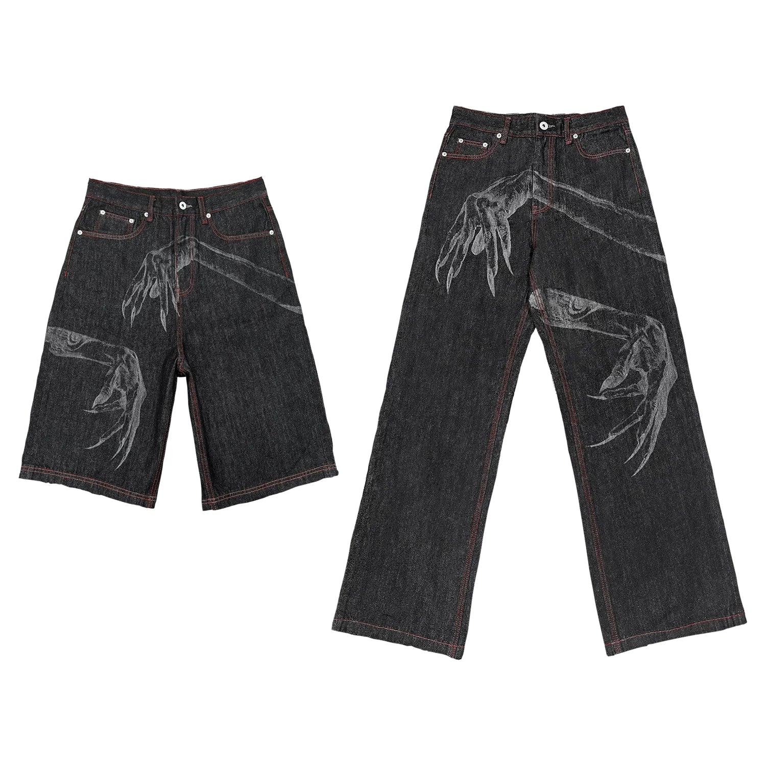 WANNA LAB Ghost Hand Laser Burnt Straight Tube Wide Matsubara Cowboy Pants Six or Seven Minutes Short Half Hairy Leather Brand