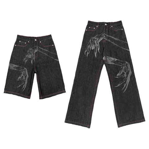 WANNA LAB Ghost Hand Laser Burnt Straight Tube Wide Matsubara Cowboy Pants Six or Seven Minutes Short Half Hairy Leather Brand