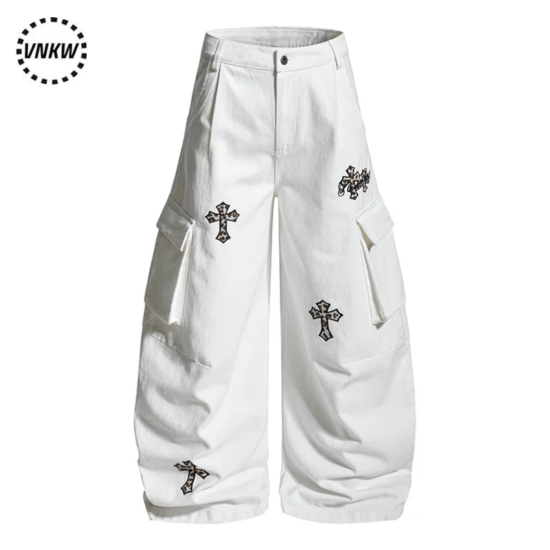 American retro leopard print cross embroidered workwear curved pants for men and women, loose multi pocket casual versatile wide leg pants