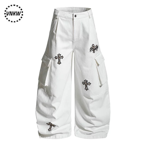 American retro leopard print cross embroidered workwear curved pants for men and women, loose multi pocket casual versatile wide leg pants