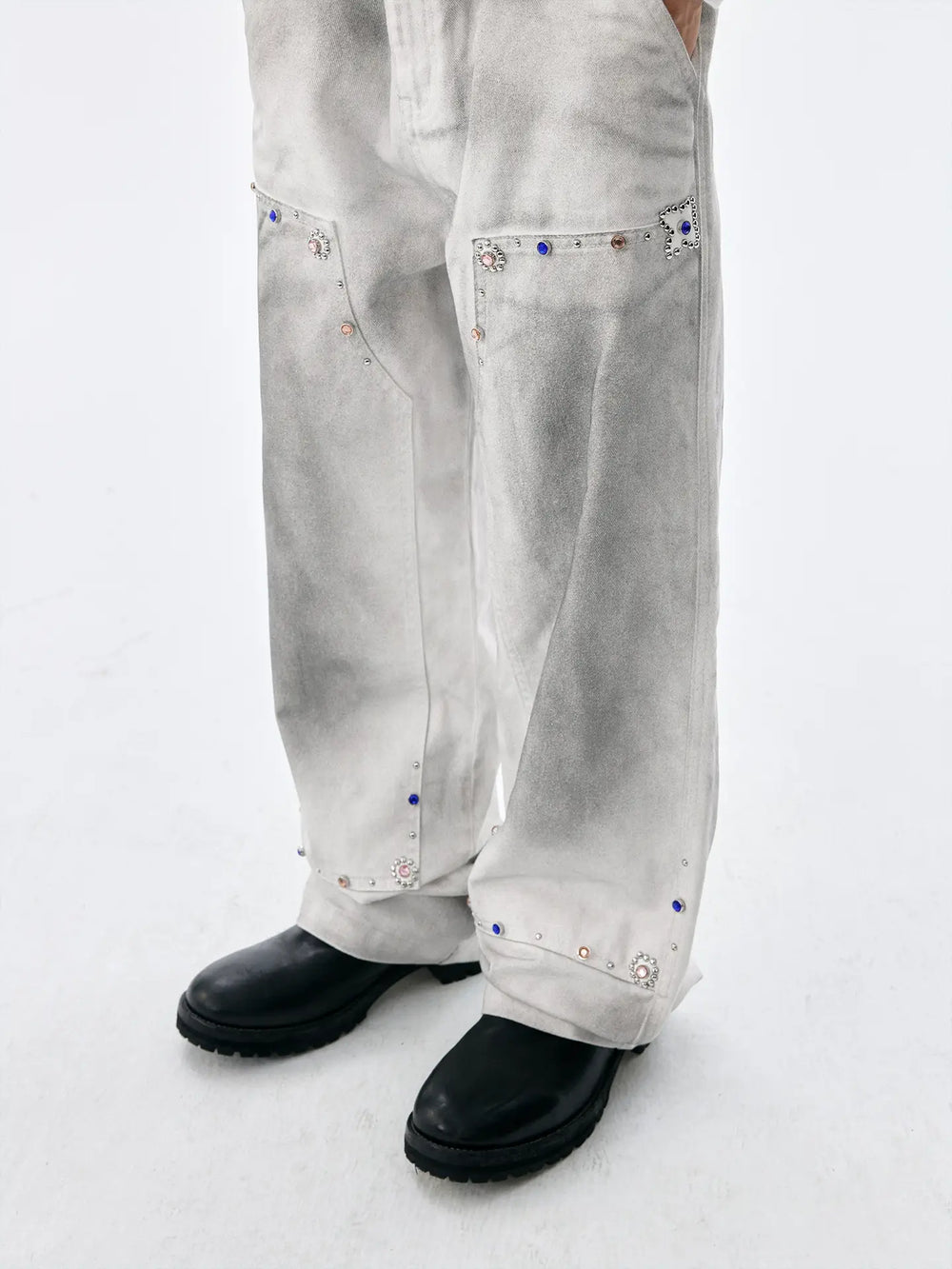 MEDM Gemstone Studded Double Knee Washed Jeans