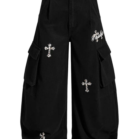 American retro leopard print cross embroidered workwear curved pants for men and women, loose multi pocket casual versatile wide leg pants