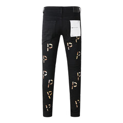 Purple Jeans New Black Letter Printing Vintage Personality Fashion Ripped Jeans 9008