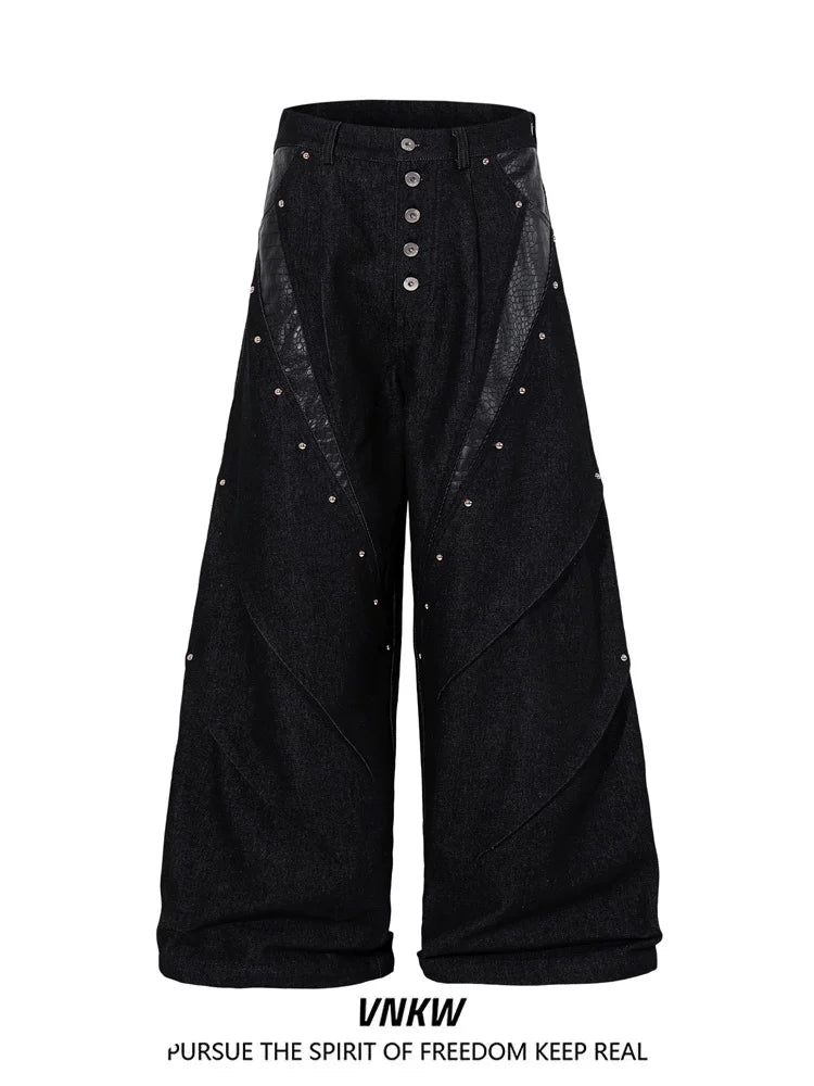 American retro rivet single breasted design workwear jeans for men, rugged and handsome high street, loose and wide leg, and long pants