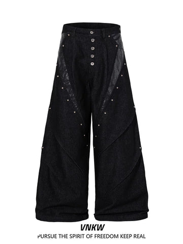 American retro rivet single breasted design workwear jeans for men, rugged and handsome high street, loose and wide leg, and long pants