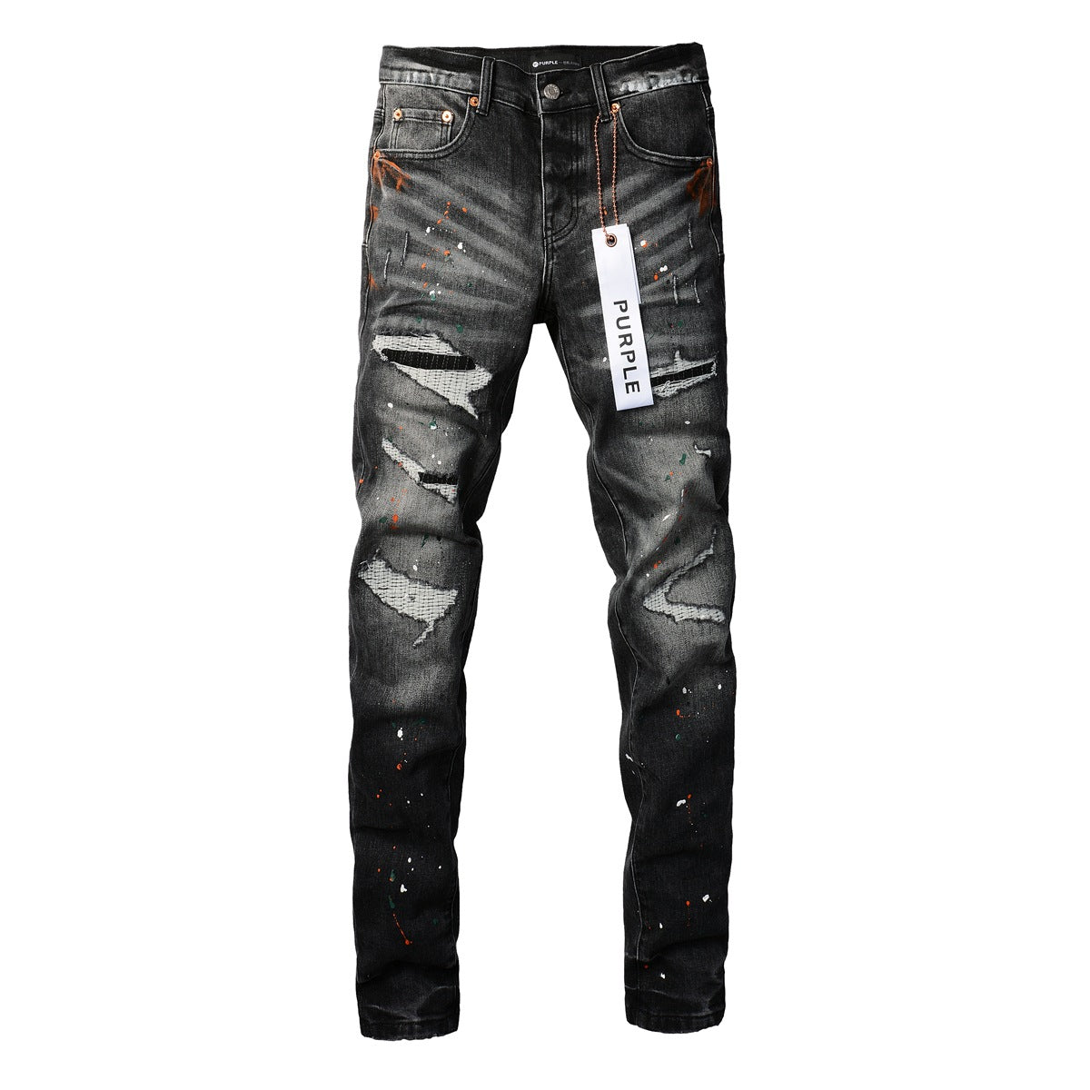 Purple Jeans Mens New Black Grey Jeans - Urban Style with Unique Ripped Patches 9018