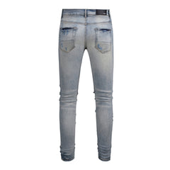 Purple Jeans Men's Slim Fit Black Jeans with Street Style Patches, Vintage Wash, and Ripped Details 6848