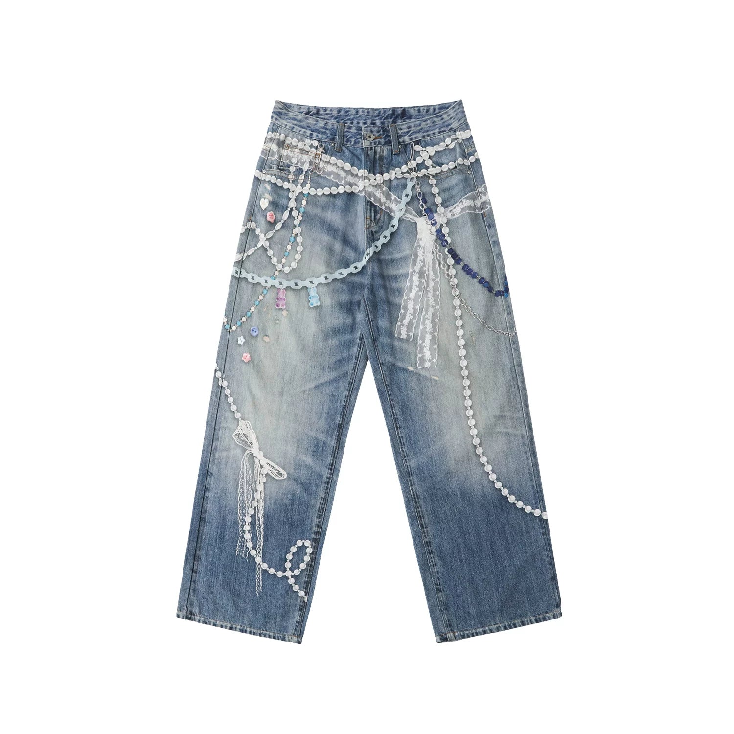 WHOOSIS (unknown name) lace bead chain printed denim pants casual straight tube loose men's and women's trend