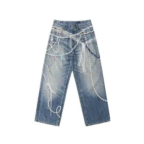 WHOOSIS (unknown name) lace bead chain printed denim pants casual straight tube loose men's and women's trend