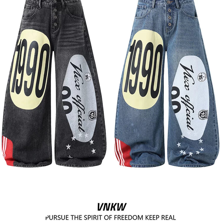 American high street hip-hop digital print splicing curved knife jeans for men and women, unisex style, loose and wide leg versatile pants