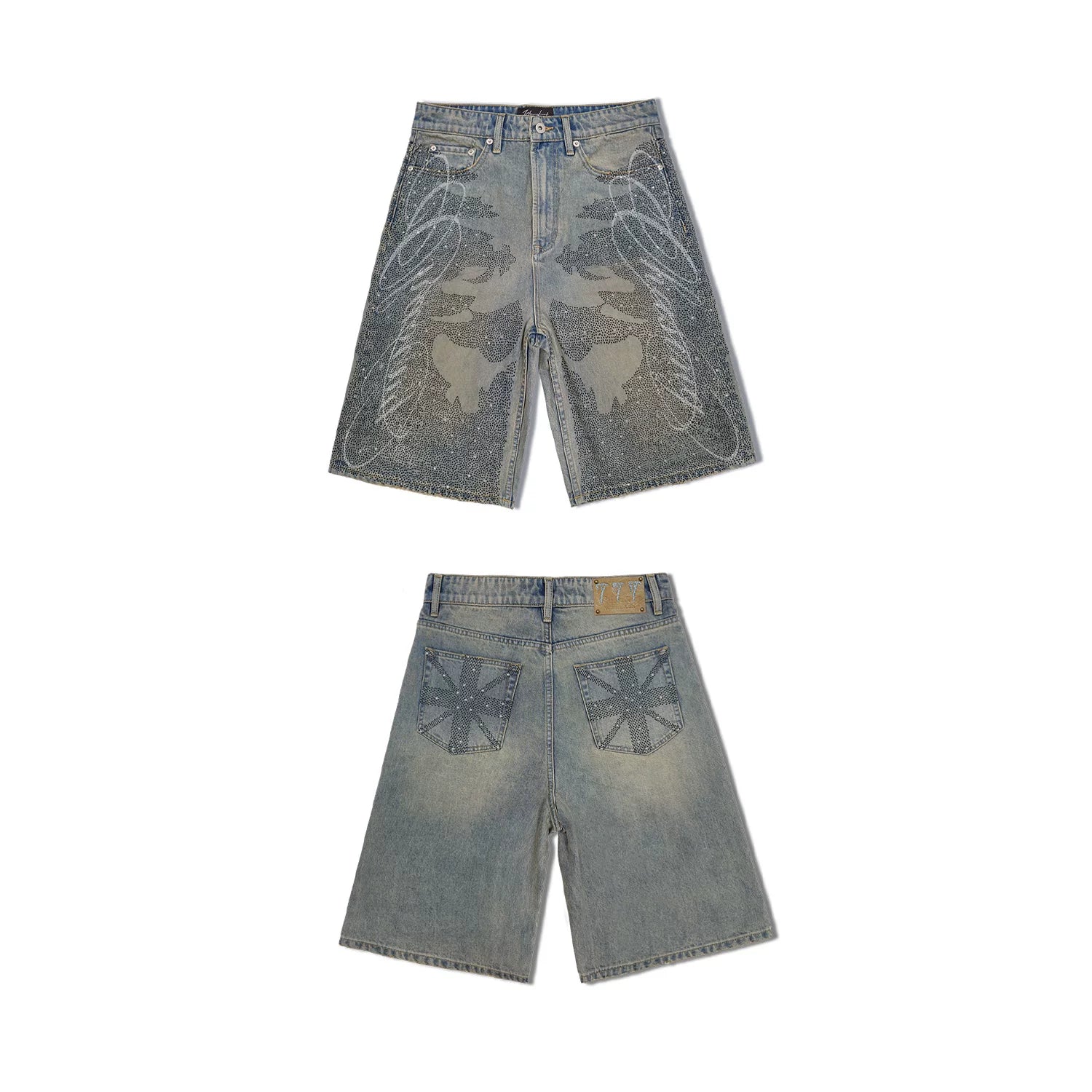 WANNA LAB 26SS floral font hot stamping sequin leather brand washed denim seven quarter shorts