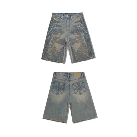 WANNA LAB 26SS floral font hot stamping sequin leather brand washed denim seven quarter shorts