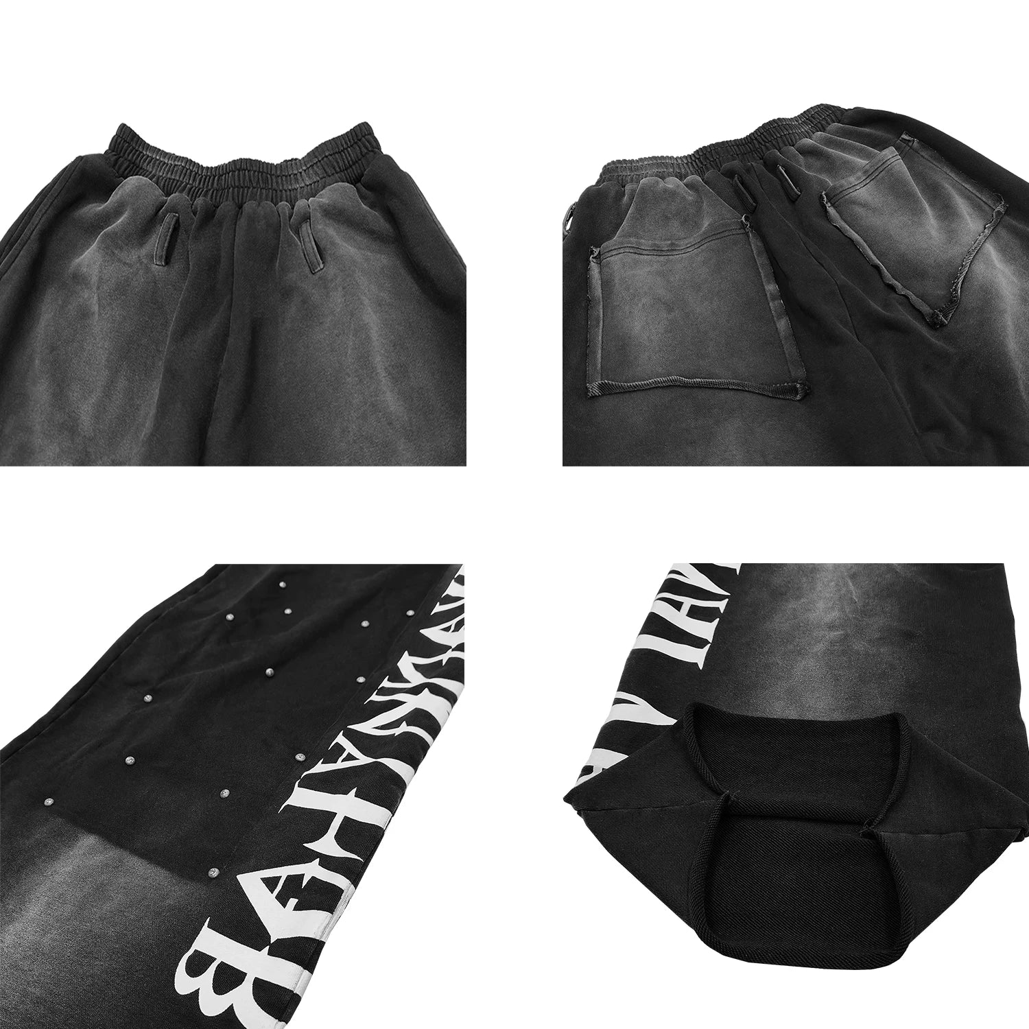 WANNA LAB Double Knee Rivet Printed Water Washed Lumber Curled Edges for Aging, Splashed Ink Straight Tube Casual Loose Long Pants