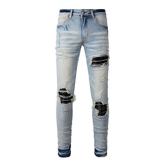 Purple Jeans Mens Punk Slim Stretch Distressed Jeans With Ripped Knee Patch Blue Pants 6848