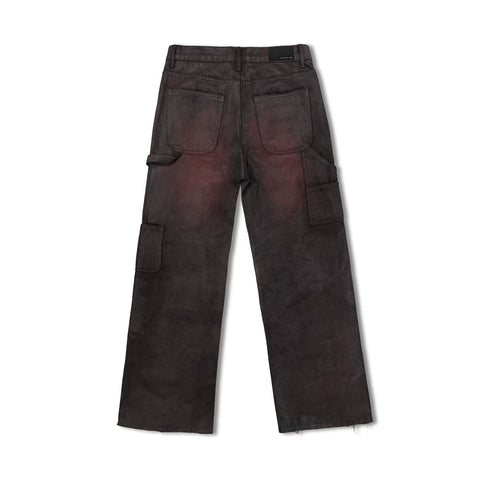 WANNA LAB 26SS Hand Brushed Wax Printing Crimson Coating Baggy Version Double Knee Lumbering Method Workwear Pants