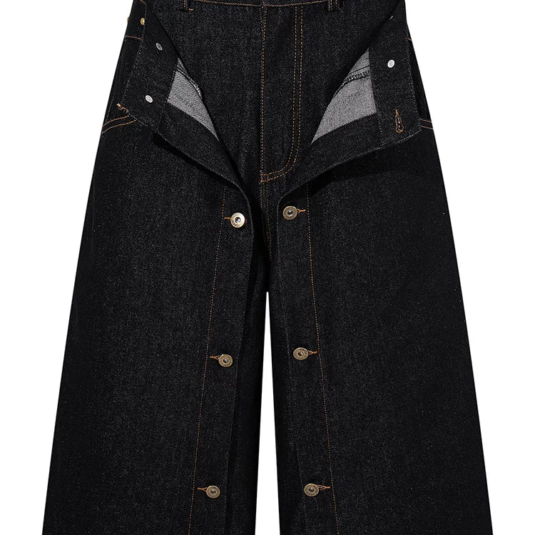 American retro double waisted original cowhide multi button denim cropped pants, men's and women's loose wide leg versatile workwear shorts