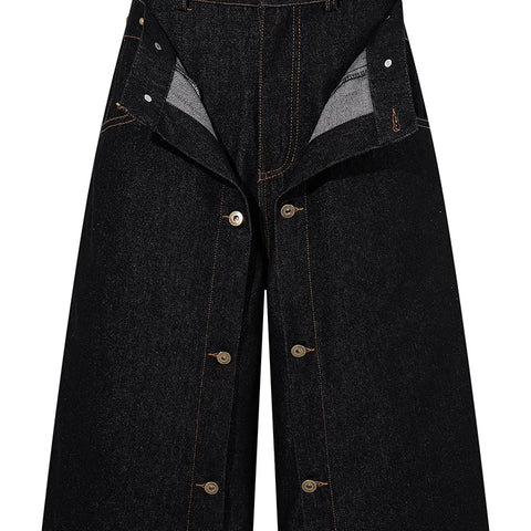 American retro double waisted original cowhide multi button denim cropped pants, men's and women's loose wide leg versatile workwear shorts