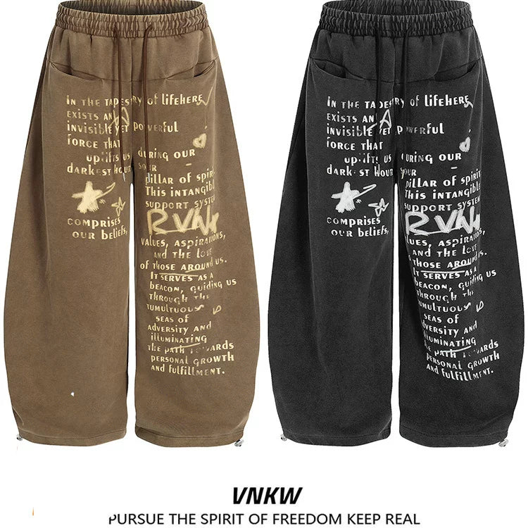 American street retro letter printed wide leg pants for men and women, heavy weight, loose drawstring, curved knife, sports and casual sweatpants, trendy