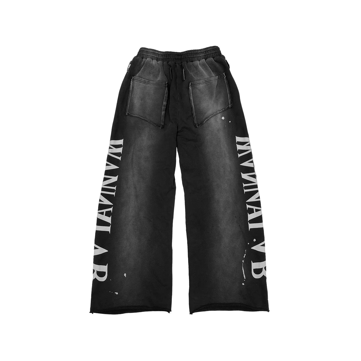 WANNA LAB Double Knee Rivet Printed Water Washed Lumber Curled Edges for Aging, Splashed Ink Straight Tube Casual Loose Long Pants